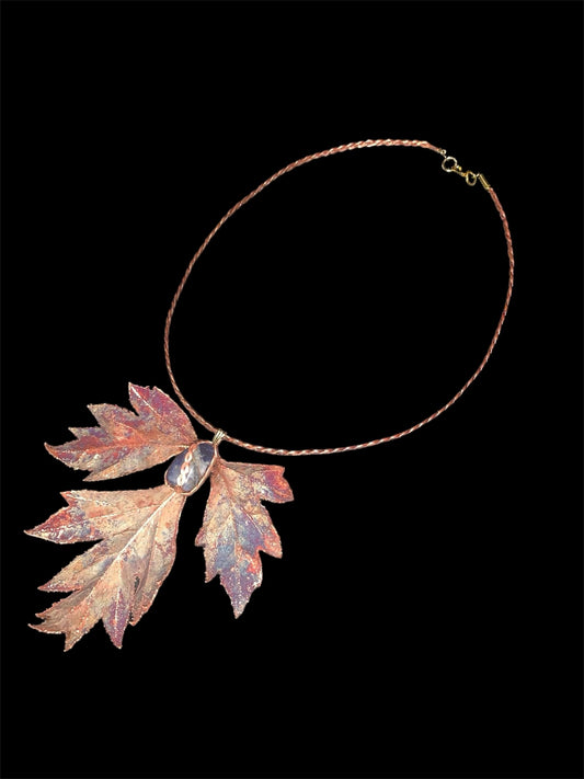 Real leaf necklace Copper plated, fire patinated and natural stone added.